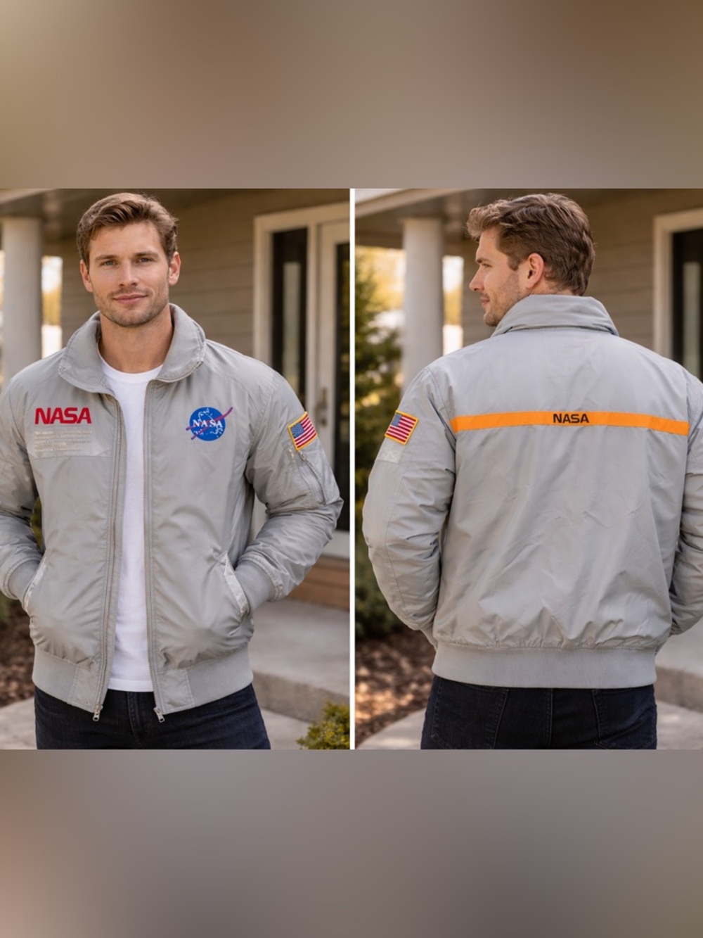 NASA Jacket Mens Gray Reflective Bomber Full Zip Flag Patch USA Space Sz Medium